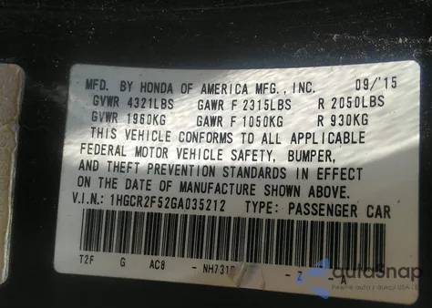 2016 Honda Accord Sport z USA, uszkodzony, nr VIN 1HGCR2F52GA035212